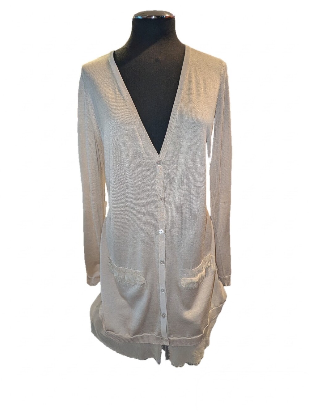 Magaschoni Silk/Wool Blend Lightweight Long Cardigan, Cream/Tan Color, Medium